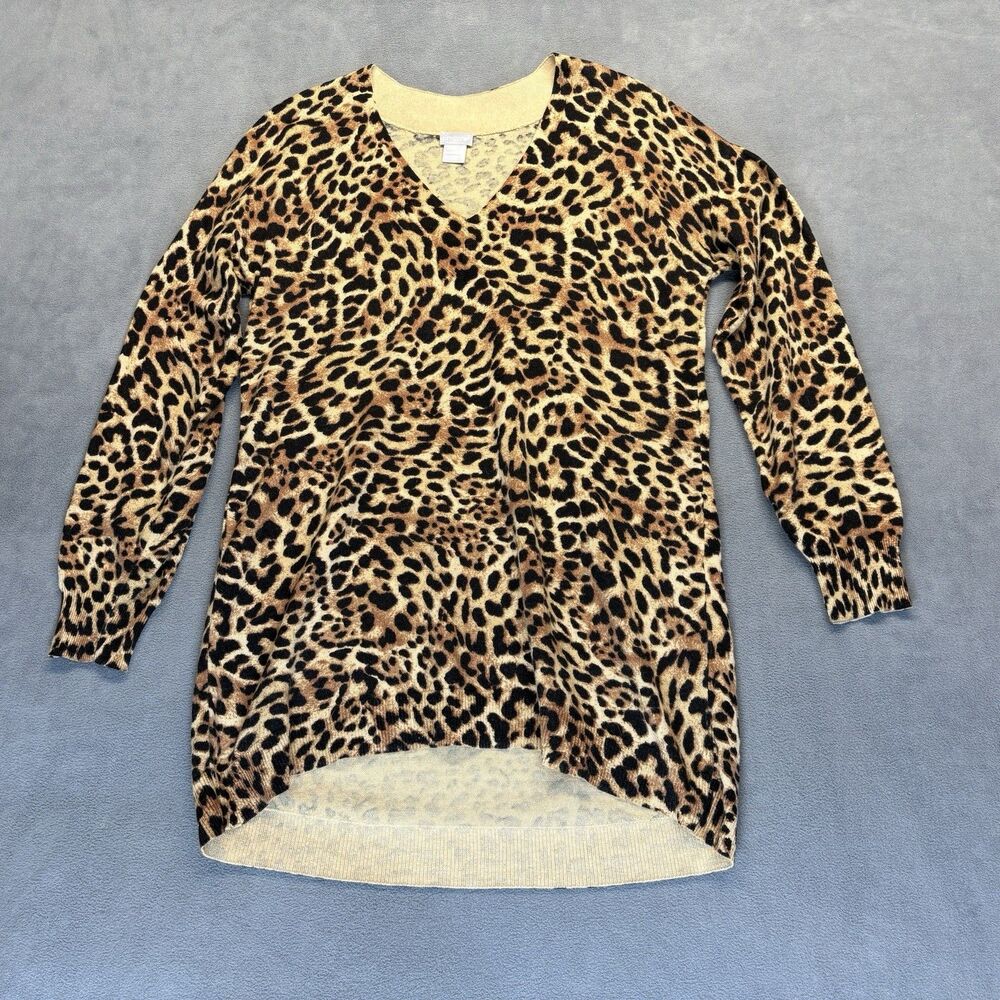 Chicos Size 1 Small Leopard Print Sweater V-Neck Cashmere Blend Hi-Low Hem